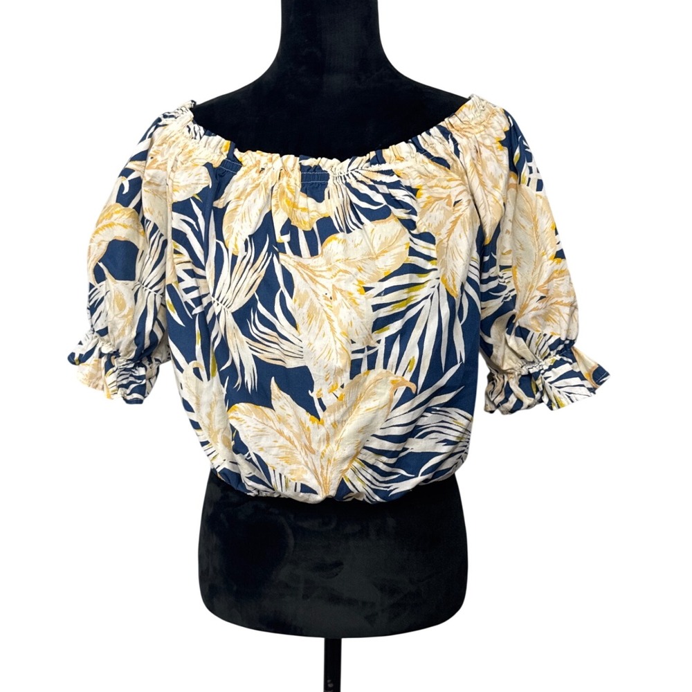 Flying Tomato Women L Off Shoulder Tropical Crop Top 100% Cotton Blue Floral